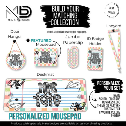 Personalized Teacher Mouse Pad | Pastel Checkered Paper Doodles | Checkered Name