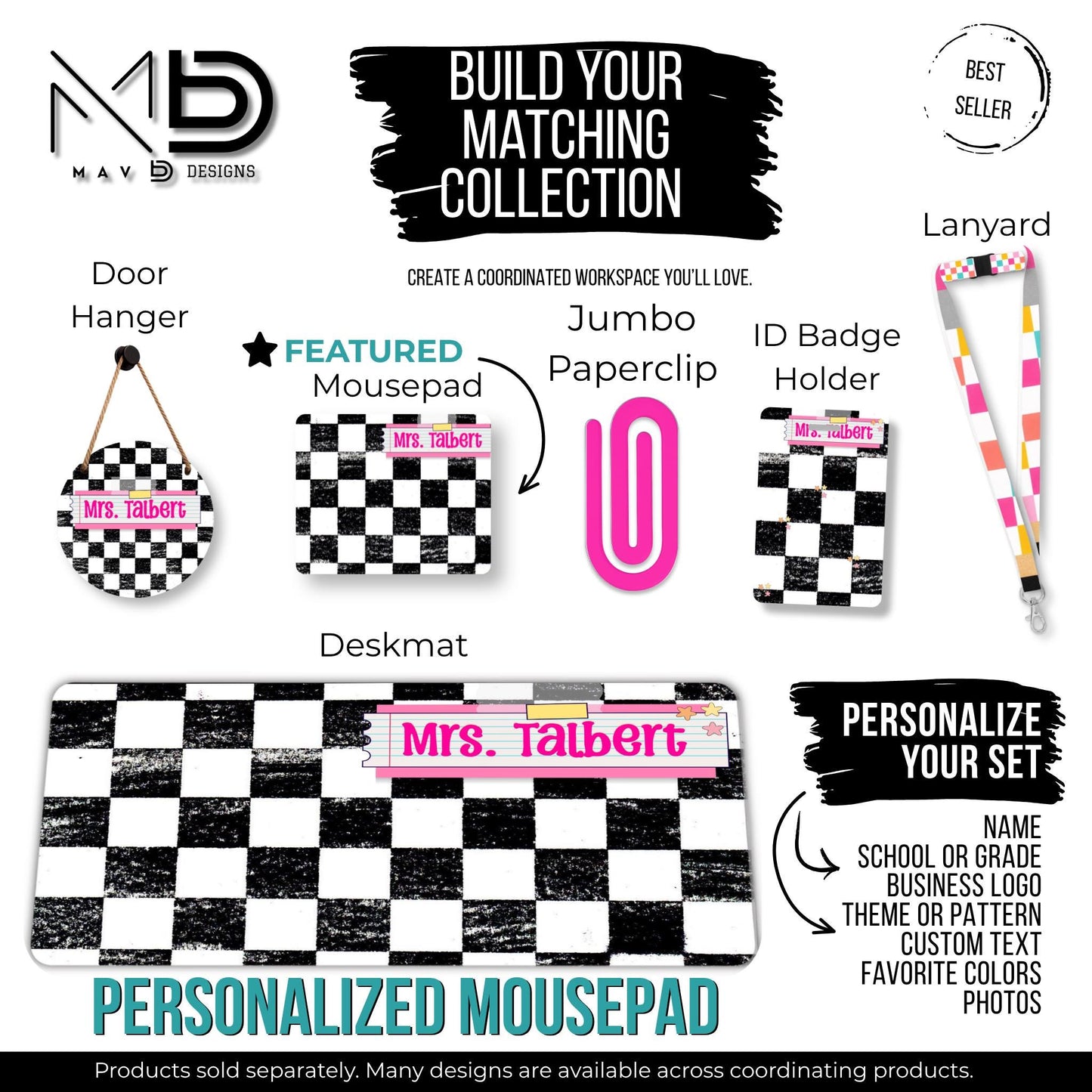 Personalized Teacher Mouse Pad | Distressed Checkered Post-It Washi Tape Name Plate | Custom Name