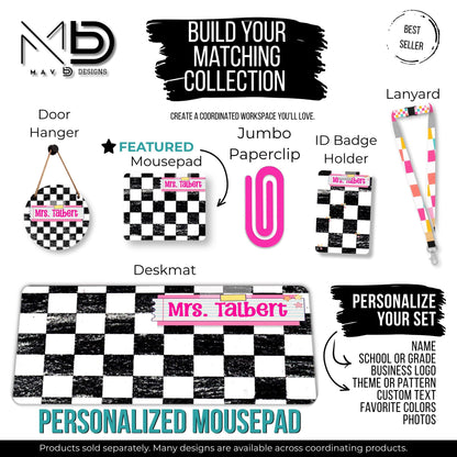 Personalized Teacher Mouse Pad | Distressed Checkered Post-It Washi Tape Name Plate | Custom Name