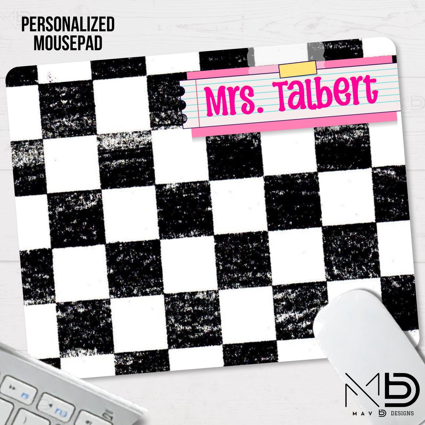 Personalized Teacher Mouse Pad | Distressed Checkered Post-It Washi Tape Name Plate | Custom Name