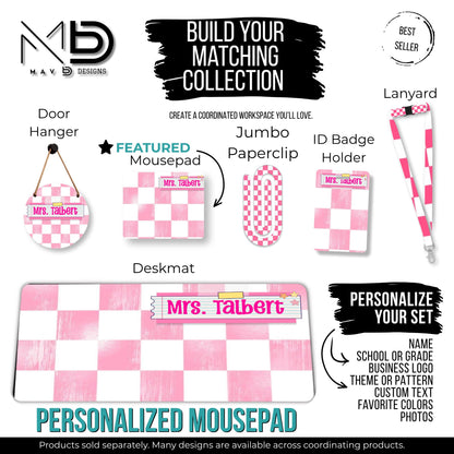 Personalized Teacher Mouse Pad | Pink Distressed Checkered Post-It Washi Tape Name Plate | Custom Name