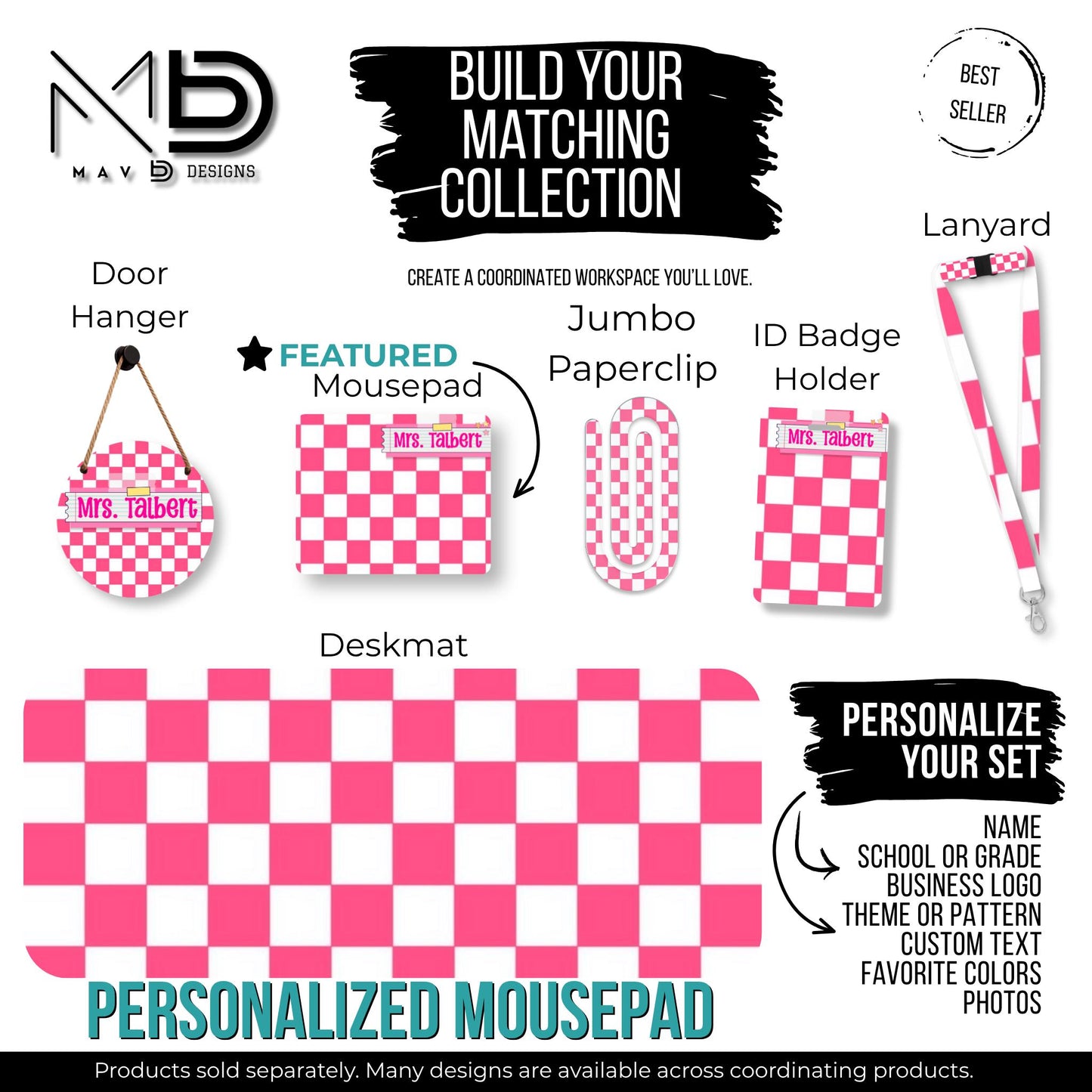 Personalized Teacher Mouse Pad | Pink Checkered Post-It Washi Tape Name Plate | Custom Name