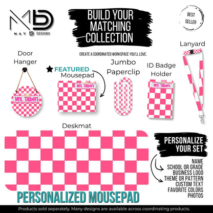 Personalized Teacher Mouse Pad | Pink Checkered Post-It Washi Tape Name Plate | Custom Name