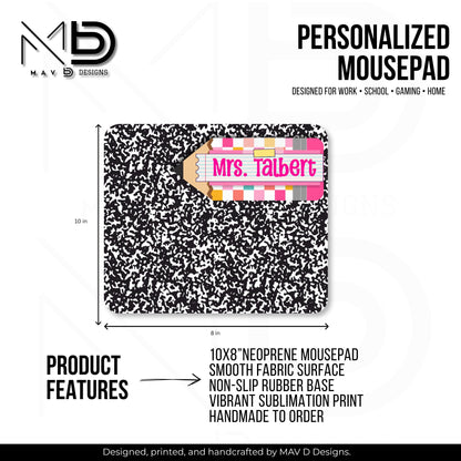 Personalized Teacher Mouse Pad | Composition Notebook Checkered Pencil Washi Tape Nameplate | Custom Name