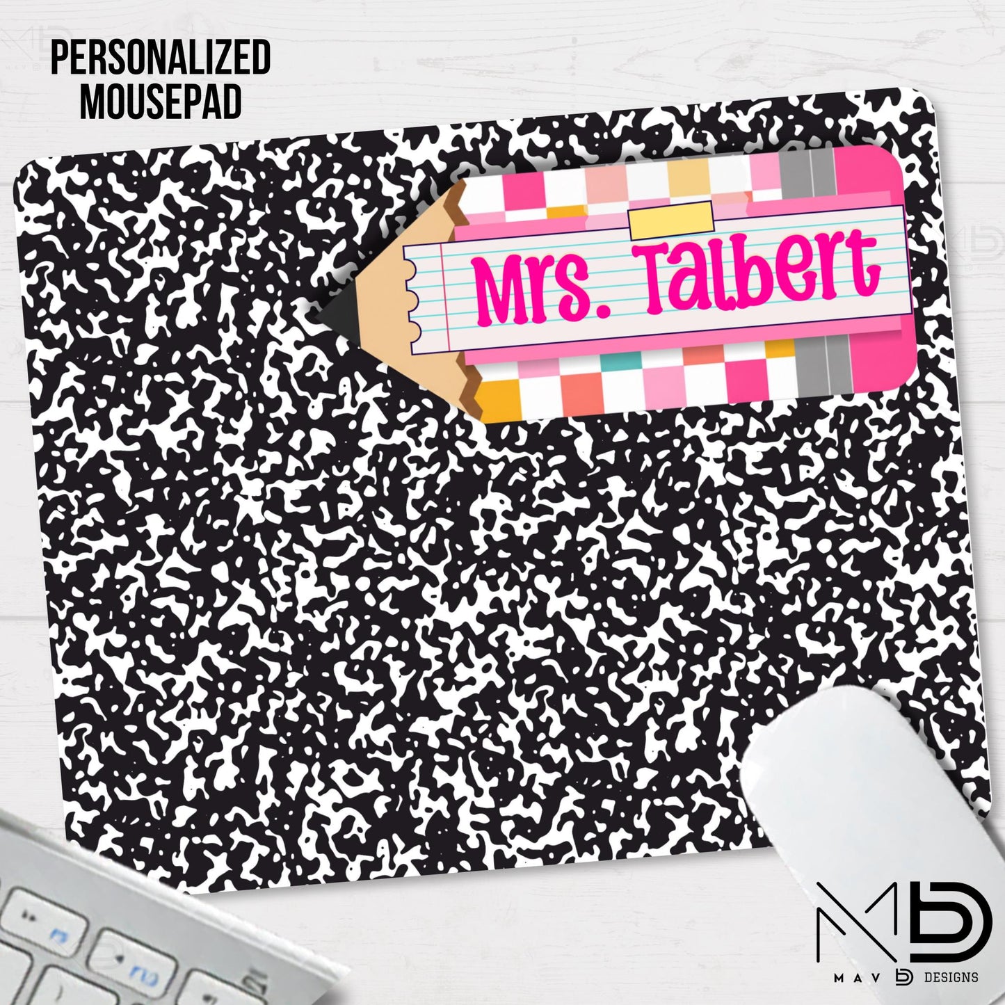 Personalized Teacher Mouse Pad | Composition Notebook Checkered Pencil Washi Tape Nameplate | Custom Name