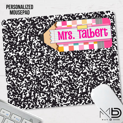 Personalized Teacher Mouse Pad | Composition Notebook Checkered Pencil Washi Tape Nameplate | Custom Name