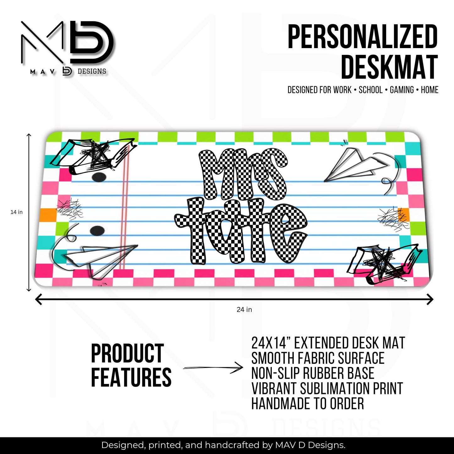 Personalized Deskmat | Vibrant Checkered Paper Doodle | Checkered Name
