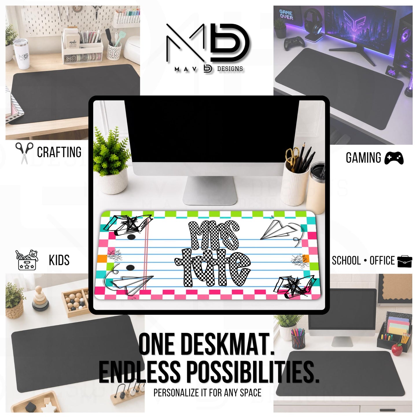 Personalized Deskmat | Vibrant Checkered Paper Doodle | Checkered Name