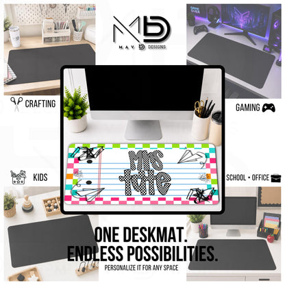 Personalized Deskmat | Vibrant Checkered Paper Doodle | Checkered Name