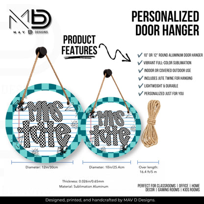 Personalized Teacher Door Hanger | Teal Checkered Paper Doodles | Checkered Name | 10” or 12” Door Hanger