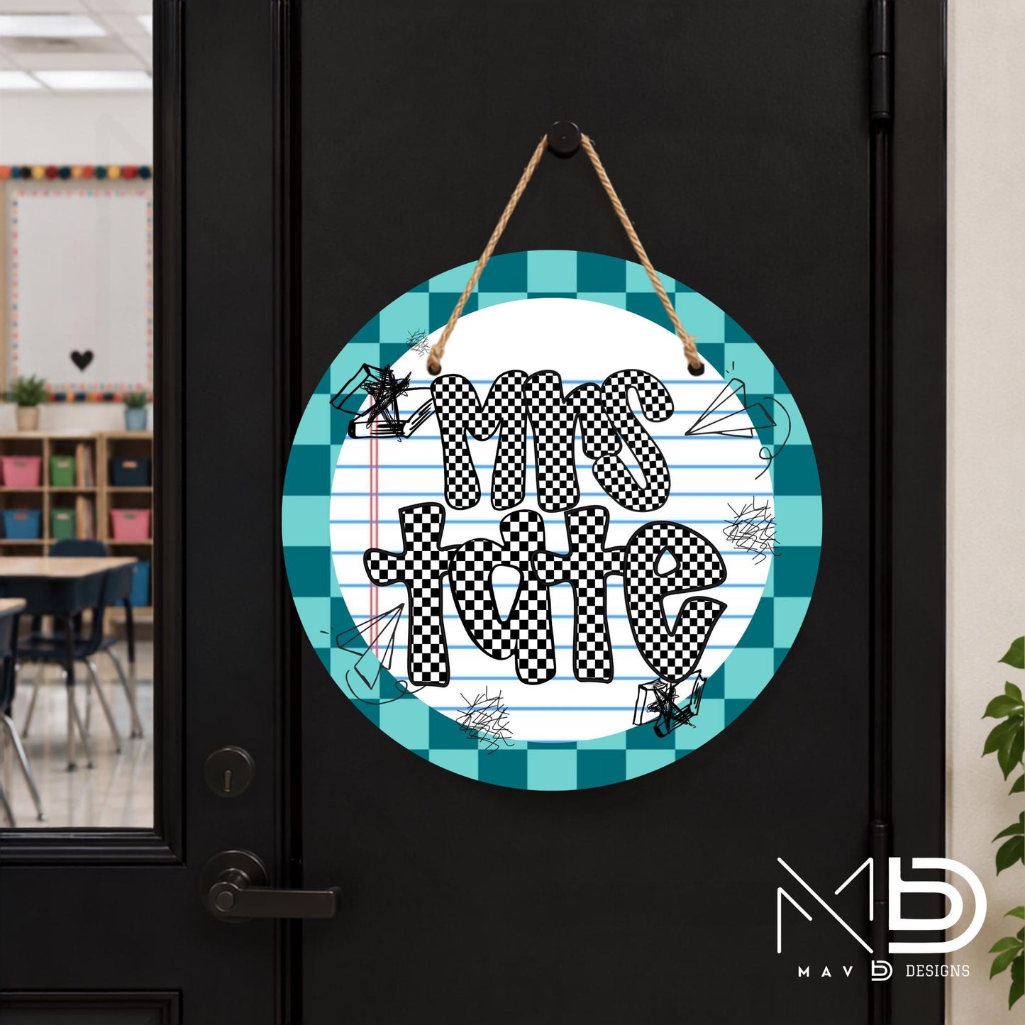 Personalized Teacher Door Hanger | Teal Checkered Paper Doodles | Checkered Name | 10” or 12” Door Hanger