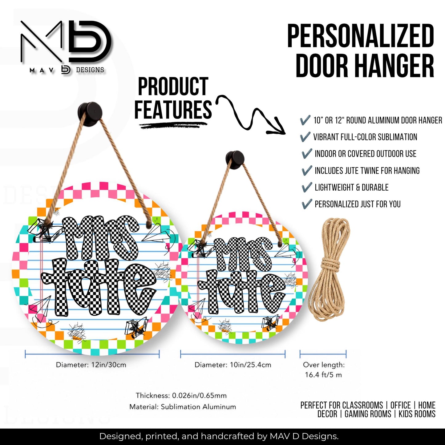 Personalized Teacher Door Hanger | Vibrant Checkered Paper Doodles | Checkered Name | 10” or 12” Door Hanger