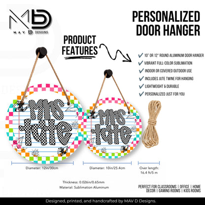 Personalized Teacher Door Hanger | Vibrant Checkered Paper Doodles | Checkered Name | 10” or 12” Door Hanger