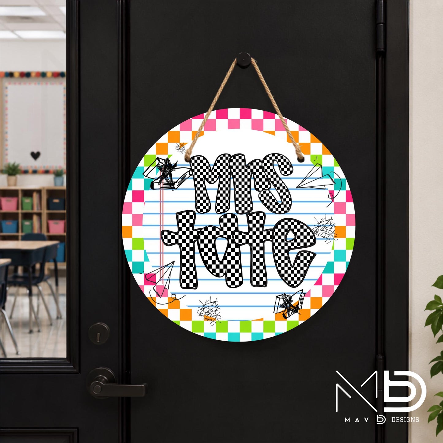 Personalized Teacher Door Hanger | Vibrant Checkered Paper Doodles | Checkered Name | 10” or 12” Door Hanger