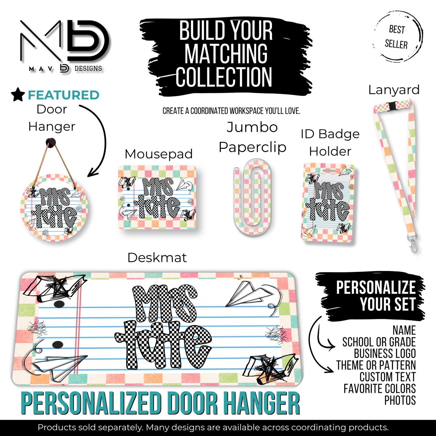 Personalized Teacher Door Hanger | Pastel Checkered Paper Doodles | Checkered Name | 10” or 12” Door Hanger