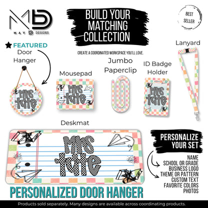Personalized Teacher Door Hanger | Pastel Checkered Paper Doodles | Checkered Name | 10” or 12” Door Hanger