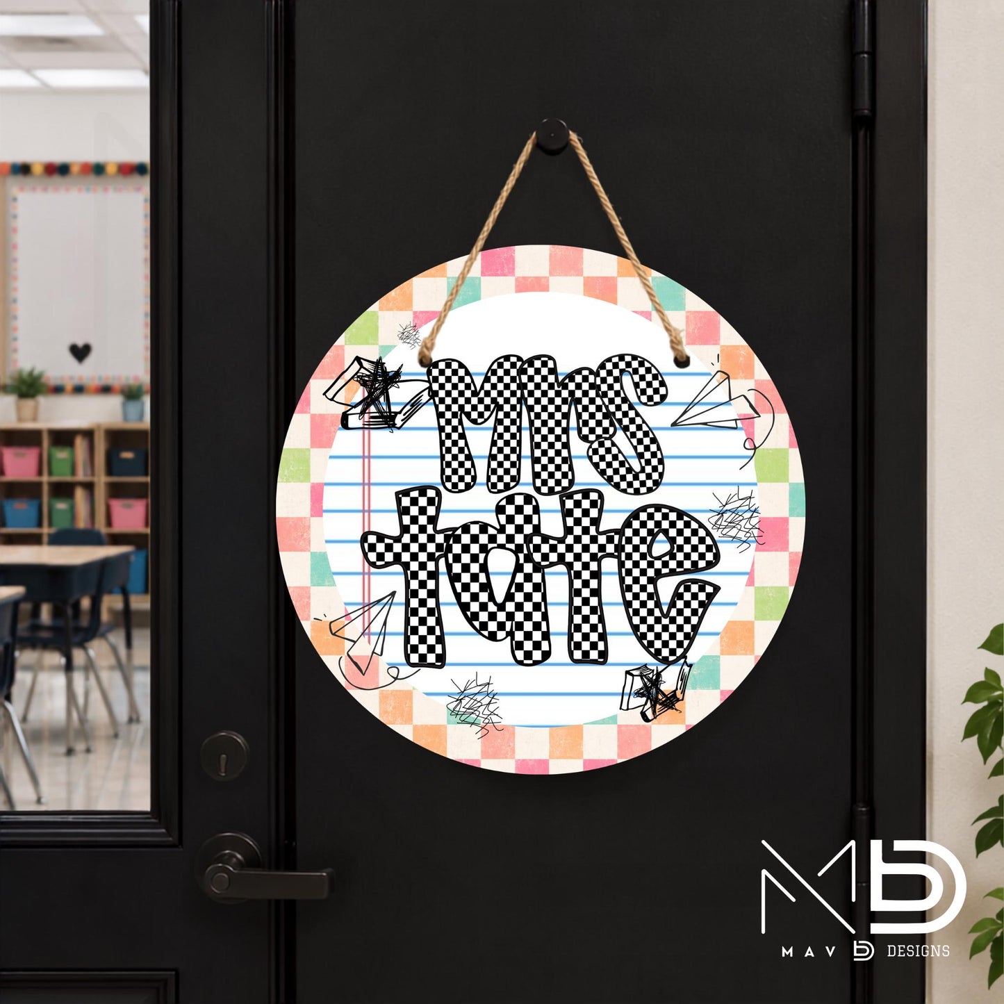 Personalized Teacher Door Hanger | Pastel Checkered Paper Doodles | Checkered Name | 10” or 12” Door Hanger