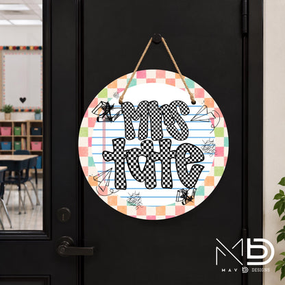 Personalized Teacher Door Hanger | Pastel Checkered Paper Doodles | Checkered Name | 10” or 12” Door Hanger
