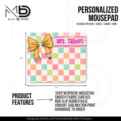 Personalized Teacher Mouse Pad | Distressed Checkered Pencil Bow | Post-It Washi Tape Name Plate | Custom Name