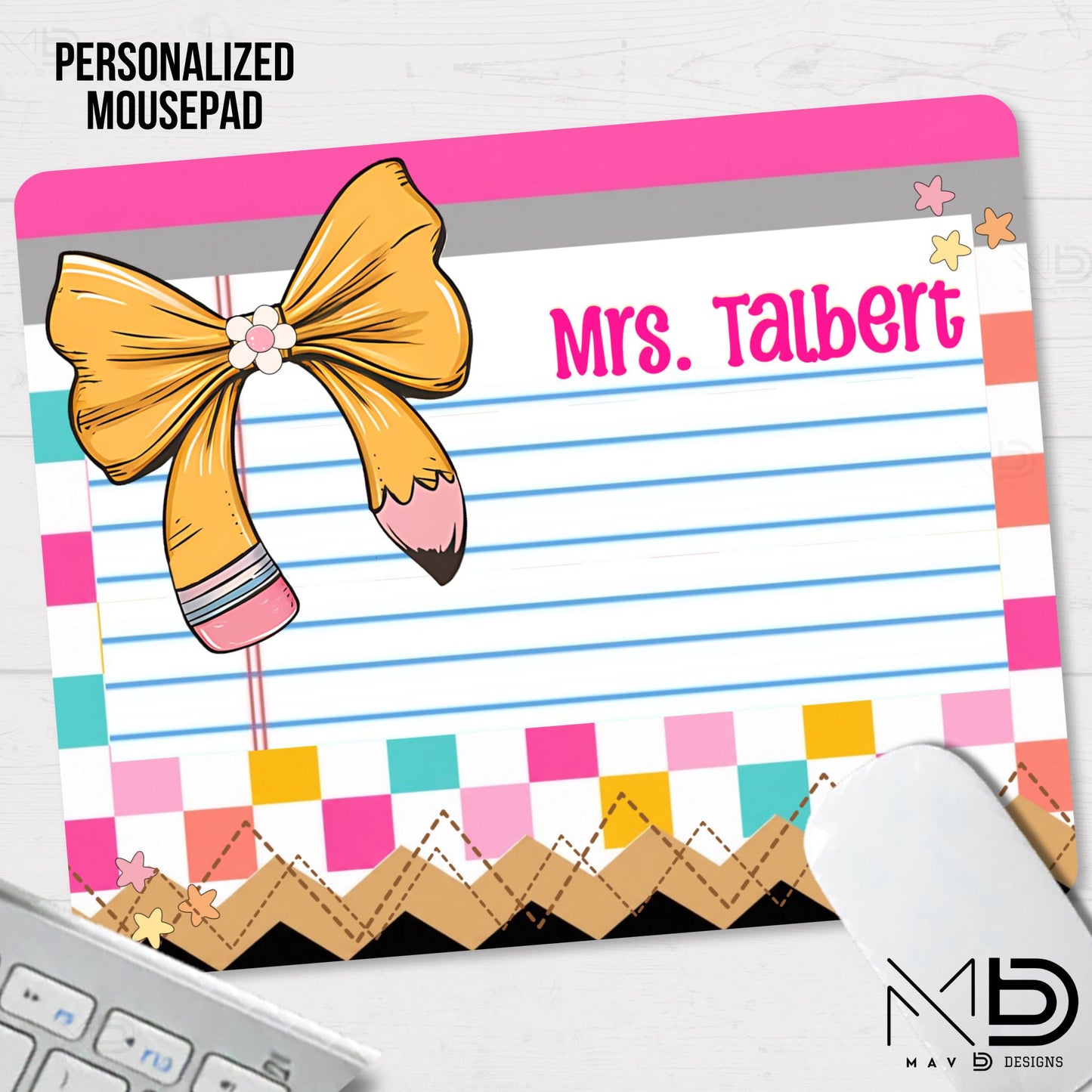Personalized Teacher Mouse Pad | Distressed Checkered Pencil Bow | Post-It Washi Tape Name Plate | Custom Name