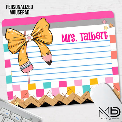Personalized Teacher Mouse Pad | Distressed Checkered Pencil Bow | Post-It Washi Tape Name Plate | Custom Name