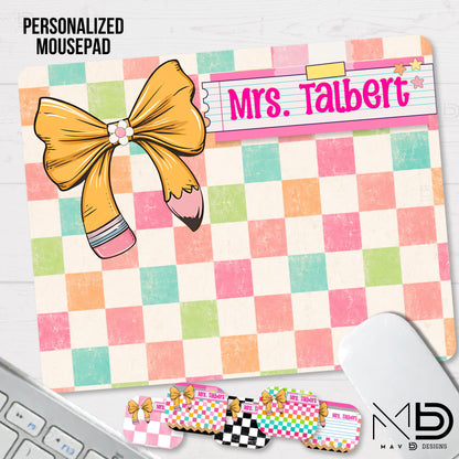 Personalized Teacher Mouse Pad | Distressed Checkered Pencil Bow | Post-It Washi Tape Name Plate | Custom Name