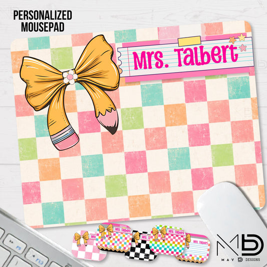 Personalized Teacher Mouse Pad | Distressed Checkered Pencil Bow | Post-It Washi Tape Name Plate | Custom Name