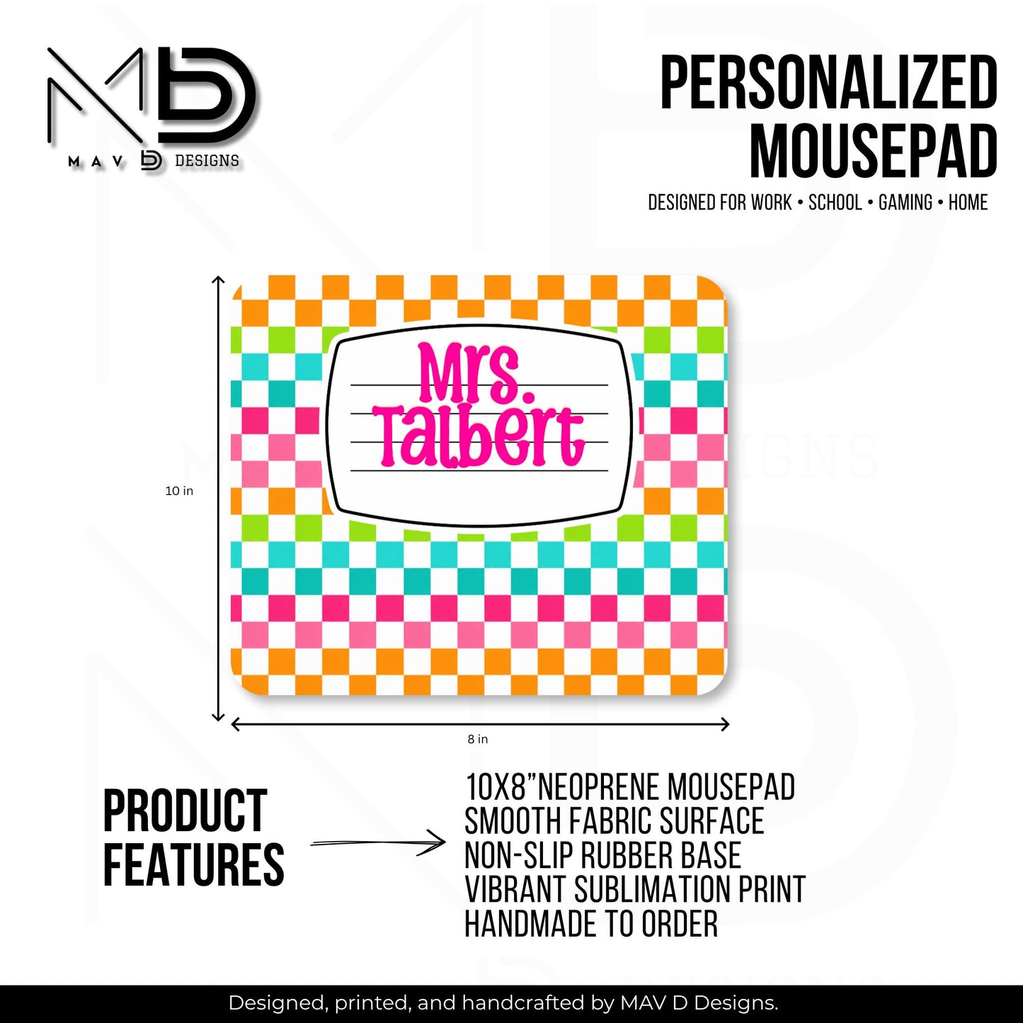 Personalized Mouse Pad | Vibrant Checkered Composition Nameplate | Custom Name