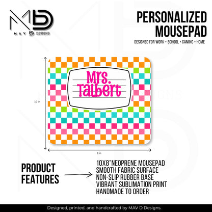 Personalized Mouse Pad | Vibrant Checkered Composition Nameplate | Custom Name