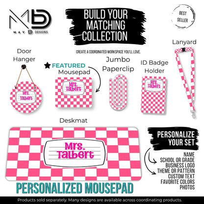 Personalized Mouse Pad | Pink Checkered Composition Nameplate | Custom Name