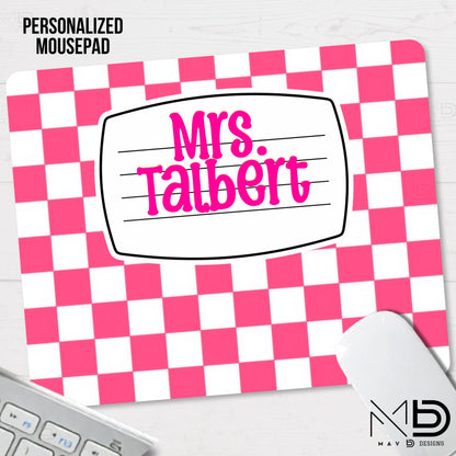 Personalized Mouse Pad | Pink Checkered Composition Nameplate | Custom Name