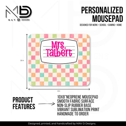 Personalized Mouse Pad | Pastel Checkered Composition Nameplate | Custom Name
