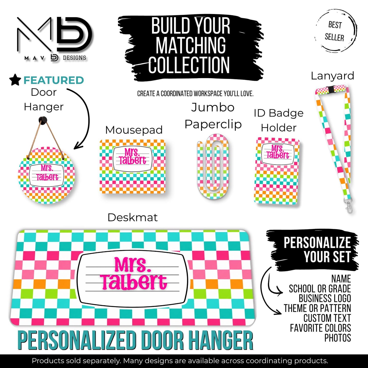 Personalized Teacher Door Hanger | Vibrant Checkered Composition Nameplate | Custom Name | 10” or 12” Door Hanger