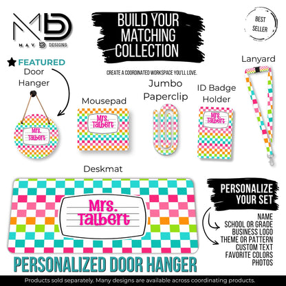 Personalized Teacher Door Hanger | Vibrant Checkered Composition Nameplate | Custom Name | 10” or 12” Door Hanger