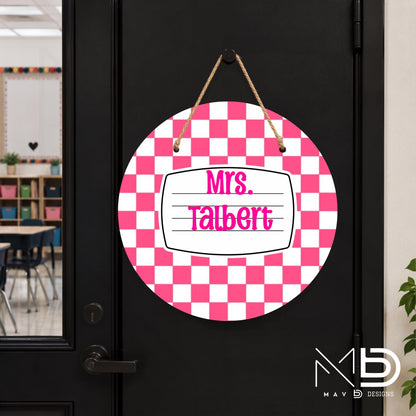 Personalized Teacher Door Hanger | Pink Checkered Composition Nameplate | Custom Name | 10” or 12” Door Hanger