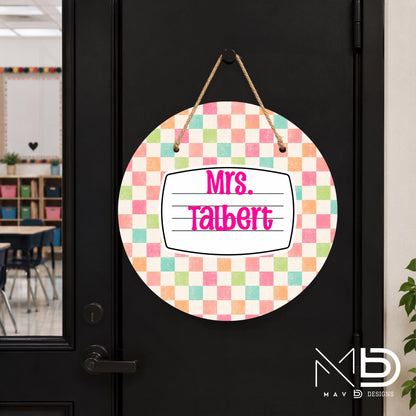 Personalized Teacher Door Hanger | Pastel Checkered Composition Nameplate | Custom Name | 10” or 12” Door Hanger