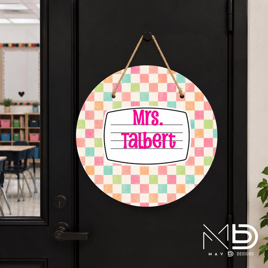 Personalized Teacher Door Hanger | Pastel Checkered Composition Nameplate | Custom Name | 10” or 12” Door Hanger
