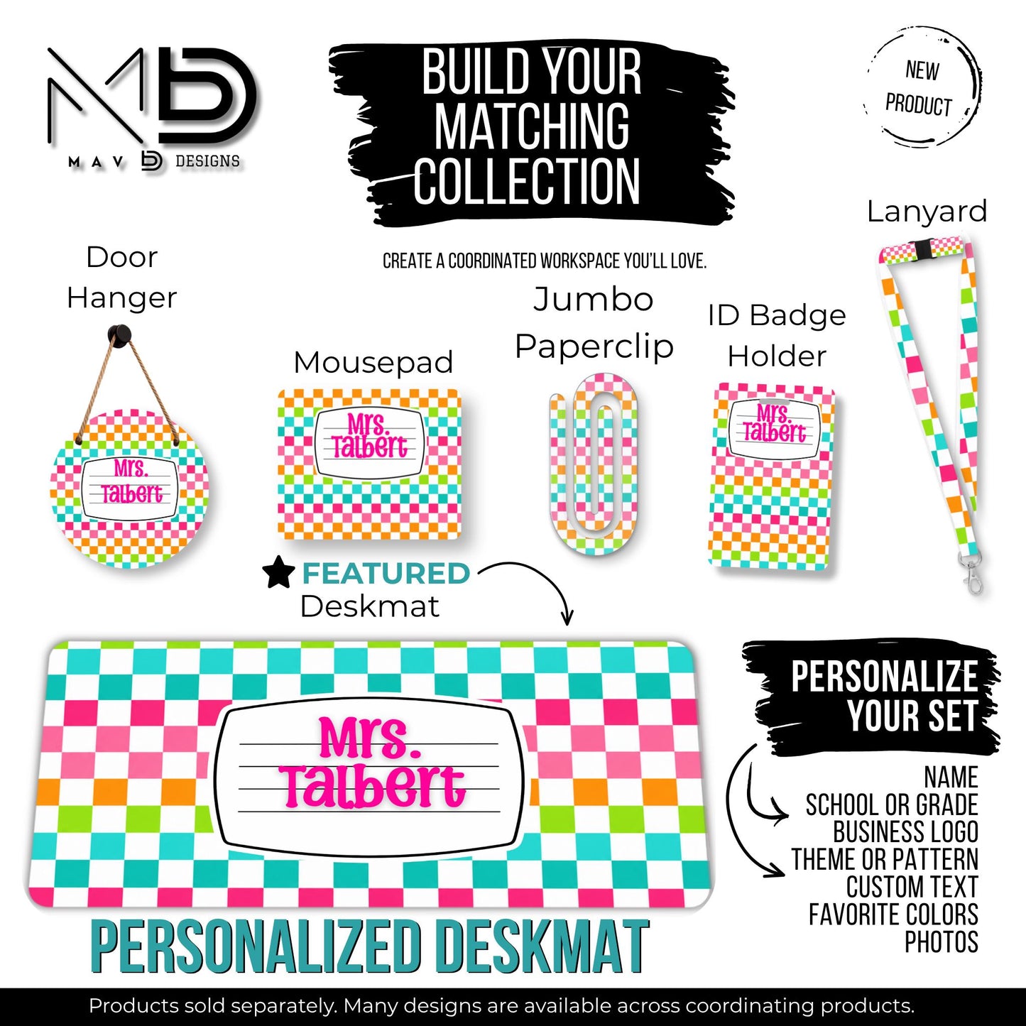 Personalized Deskmat | Vibrant Checkered Composition Nameplate | Custom Name
