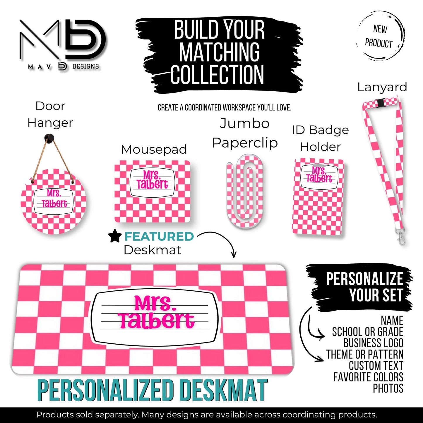Personalized Deskmat | Pink Checkered Composition Nameplate | Custom Name