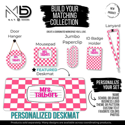 Personalized Deskmat | Pink Checkered Composition Nameplate | Custom Name