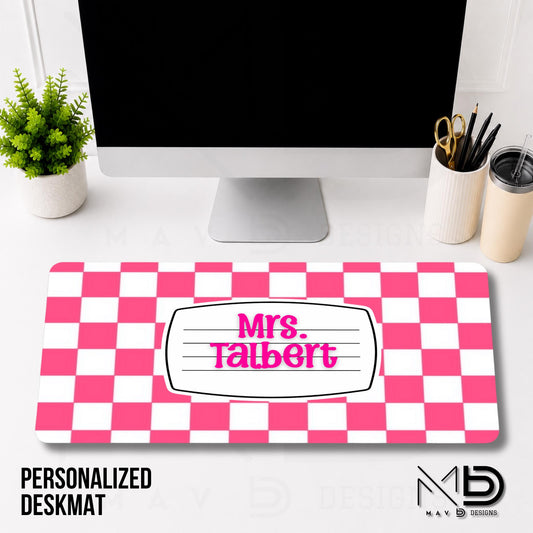 Personalized Deskmat | Pink Checkered Composition Nameplate | Custom Name