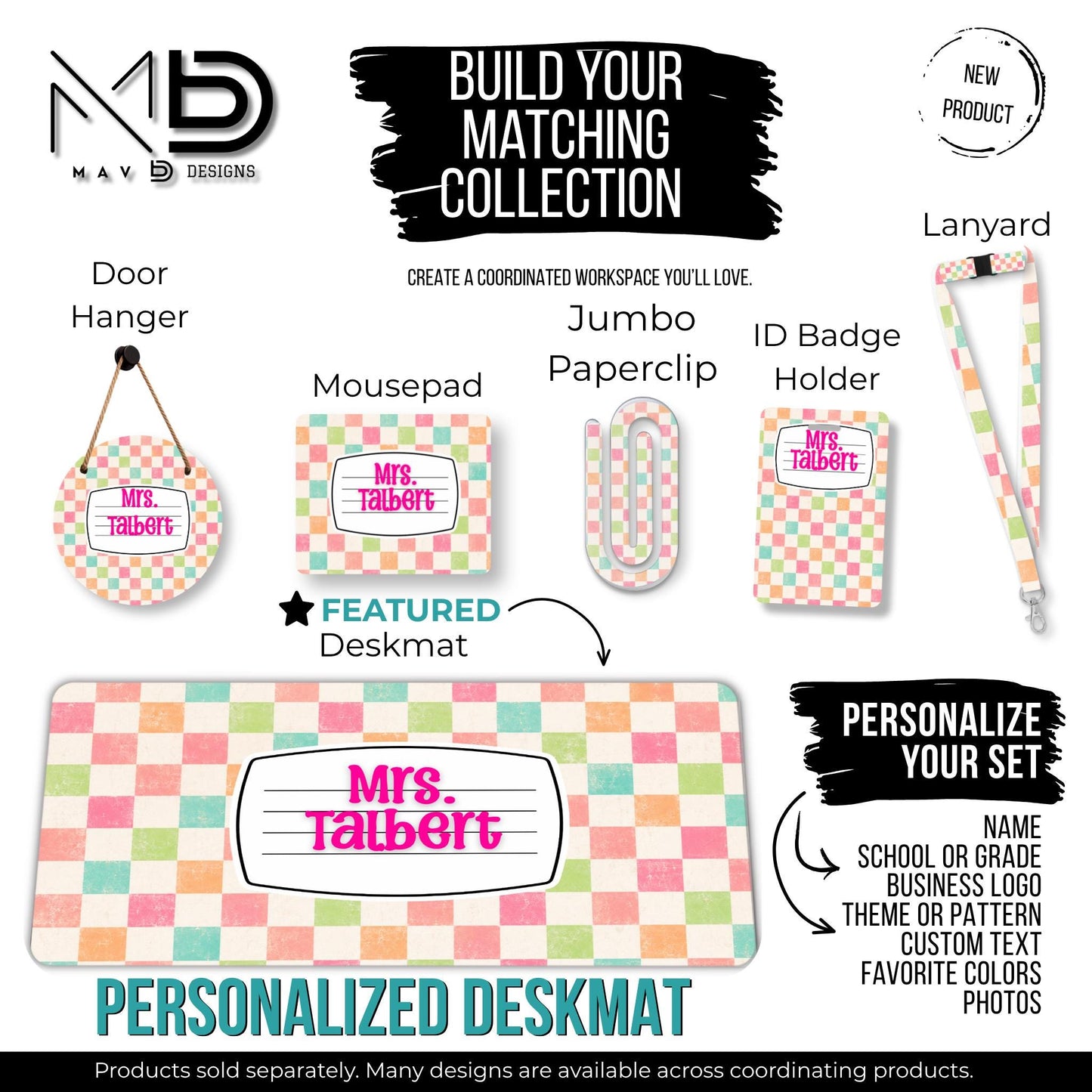 Personalized Deskmat | Pastel Checkered Composition Nameplate | Custom Name