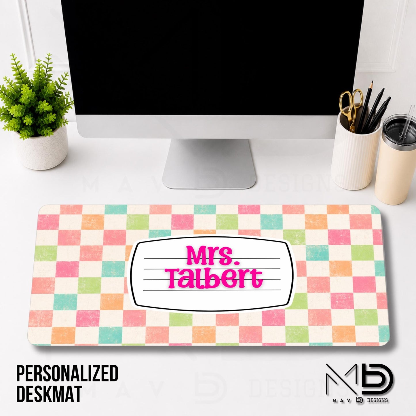 Personalized Deskmat | Pastel Checkered Composition Nameplate | Custom Name