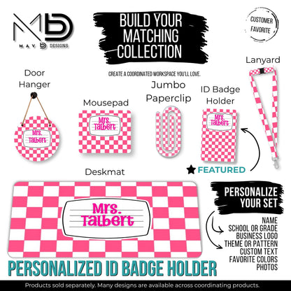 Personalized ID Badge Holder | Pink Checkered Composition Nameplate | Custom Name