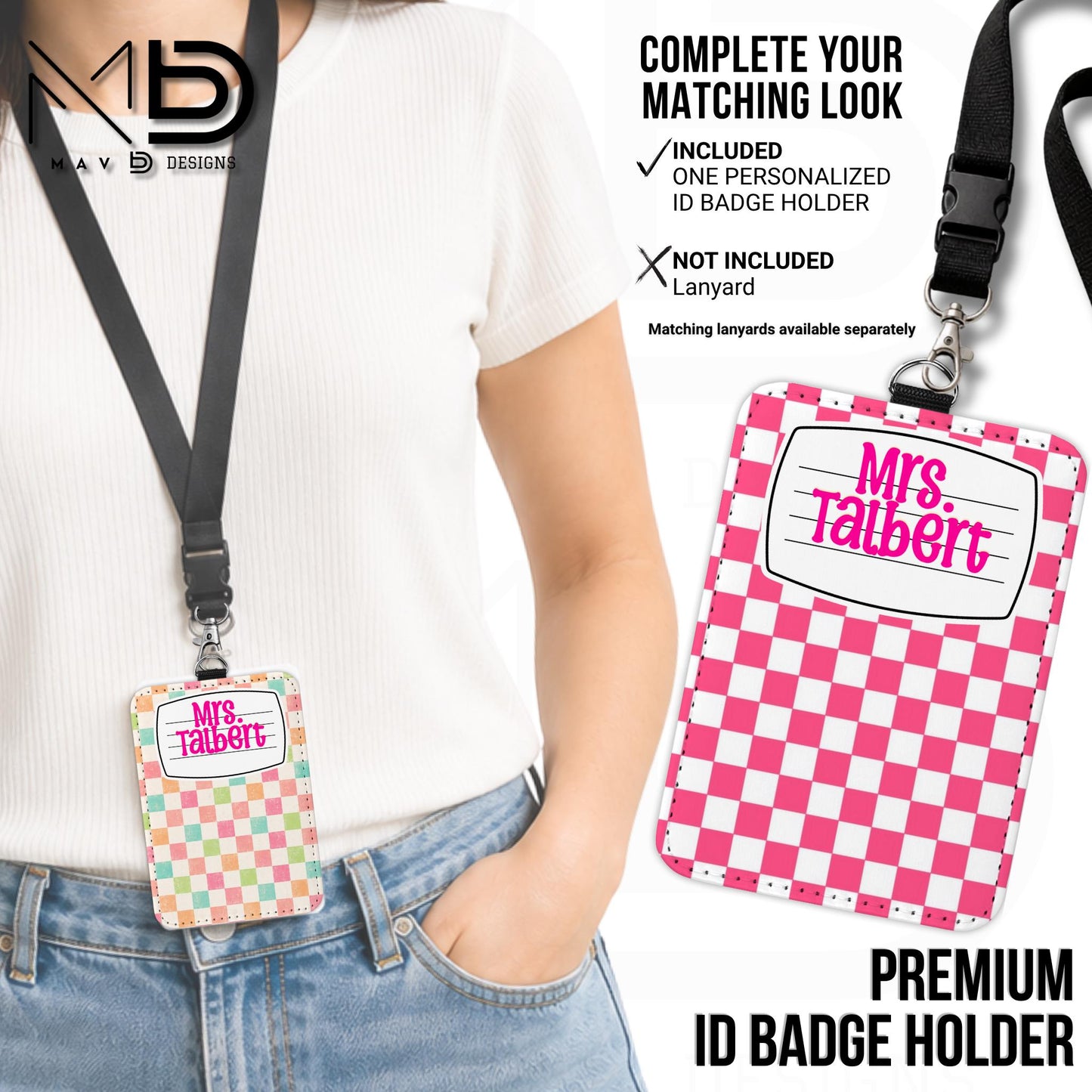 Personalized ID Badge Holder | Pink Checkered Composition Nameplate | Custom Name
