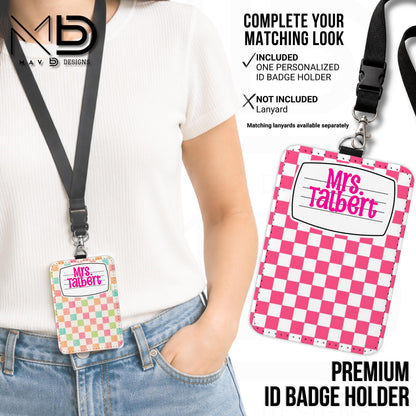 Personalized ID Badge Holder | Pink Checkered Composition Nameplate | Custom Name