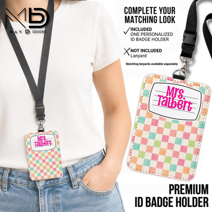Personalized ID Badge Holder | Vibrant Checkered Composition Nameplate | Custom Name