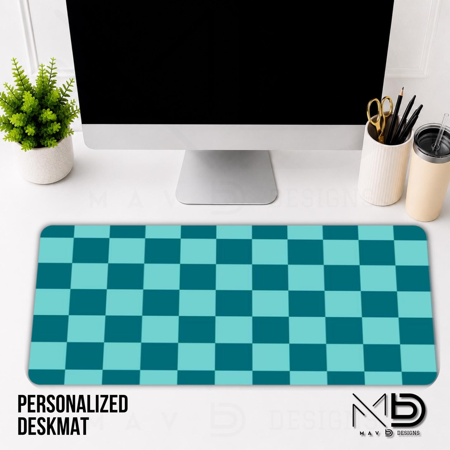 Personalized Deskmat | Teal Checkered | Custom Name | Custom Design