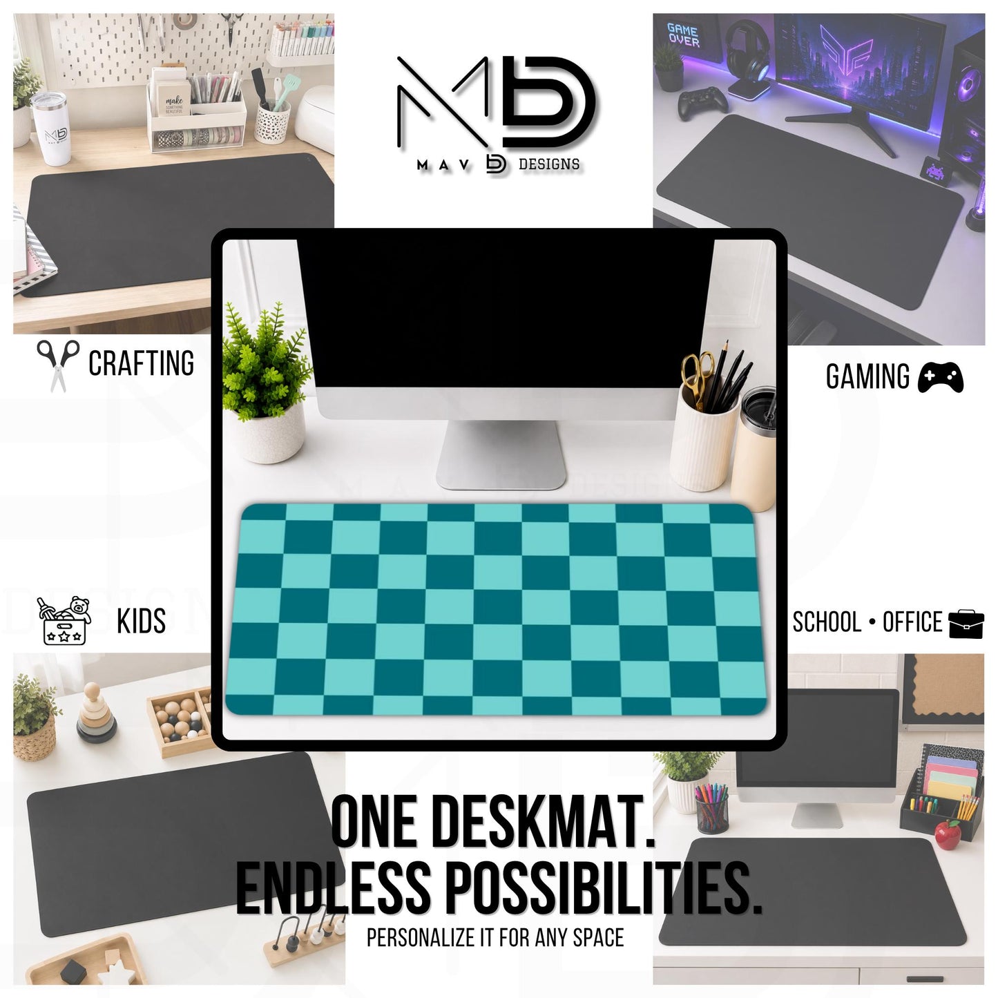 Personalized Deskmat | Teal Checkered | Custom Name | Custom Design