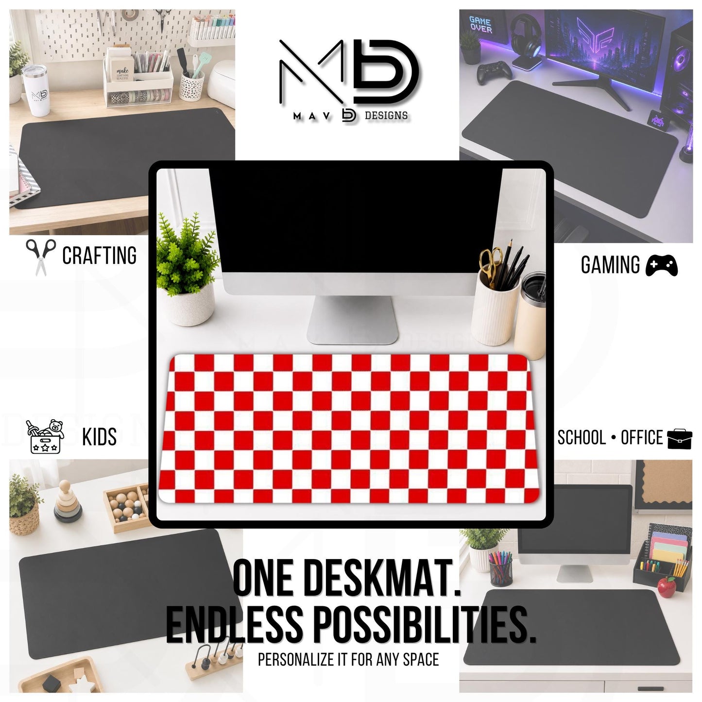 Personalized Deskmat | Red Checkered | Custom Name | Custom Design